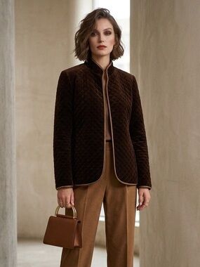 Vintage 70s Brown Quilted Velvet Jacket Open Front | 38 Small